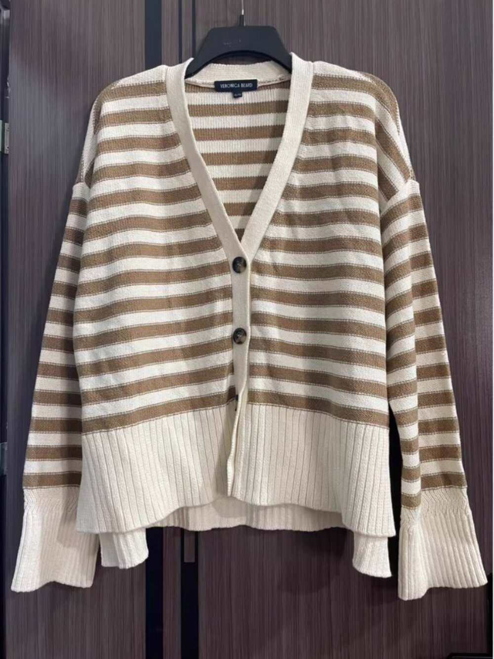 Veronica Beard Saylor Cardigan XL Cream/Tan Stripes Cotton Causal - Picture 4 of 7